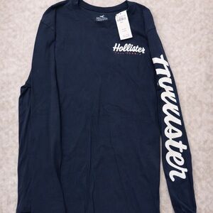 Hollister Navy Long Sleeve Tee with White Script Sleeve
